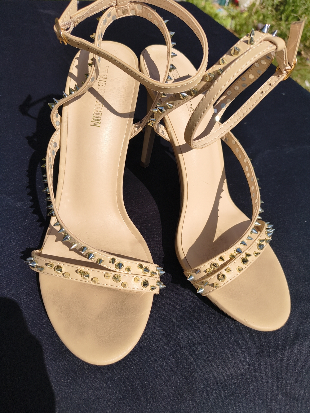 True Religion Nude Studded Strappy Stiletto Sandals